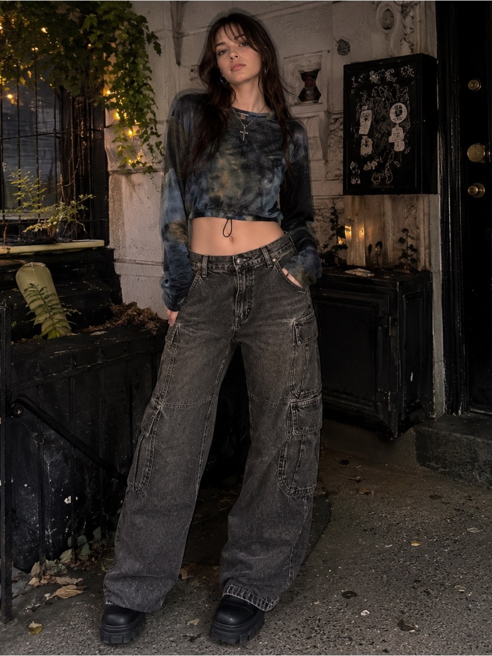 Derek Heart Y2K Tie Dye Mesh Crop Top Sheer Drawstring Grunge Large